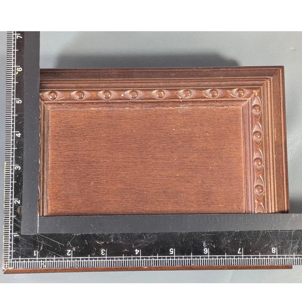 Vintage Wooden Jewelry Box Dark Wood Green Velvet Lining Carved Detail Organizer